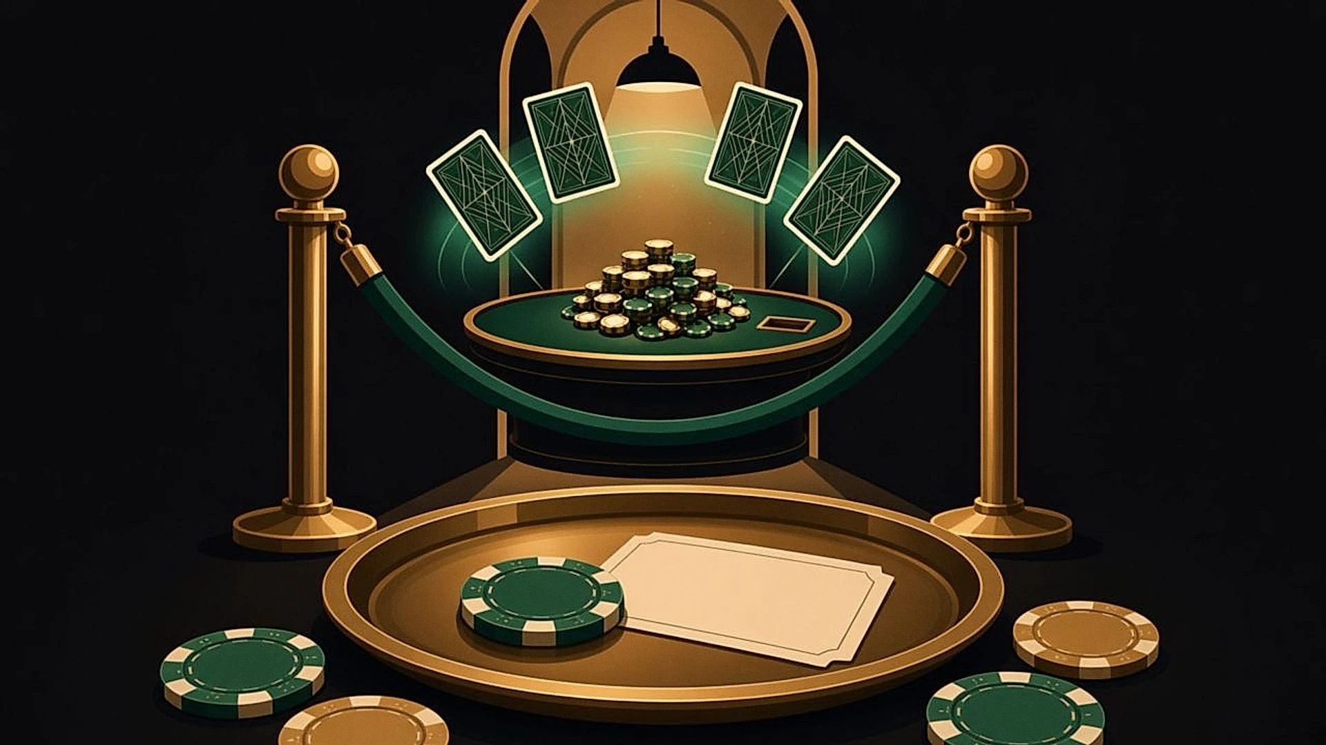 A velvet rope and brass tray with a cover-charge ticket in front of a poker club doorway, with cards dealt in the air above the table