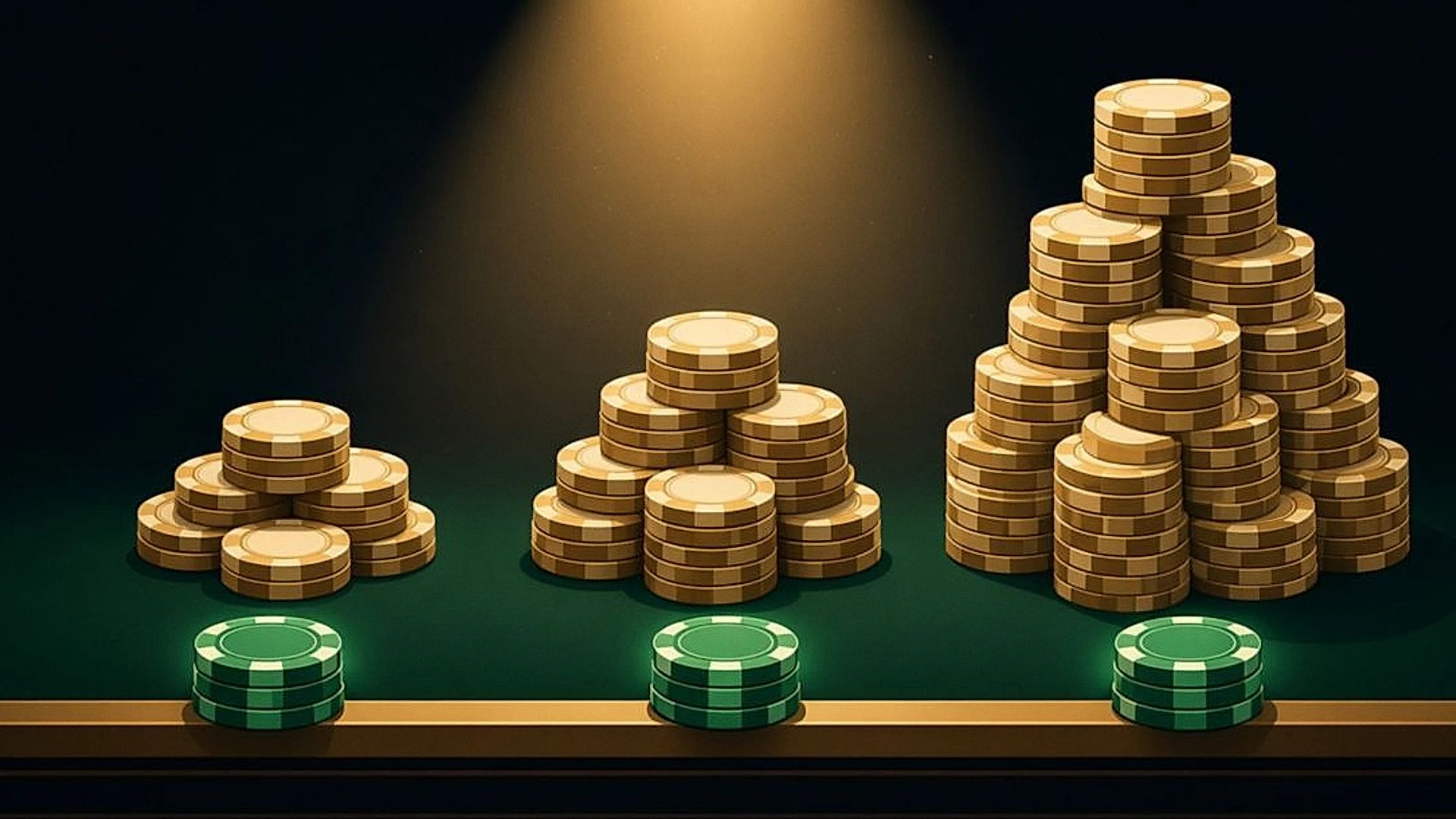Three pots of different sizes each paying the same fixed rake, shown as identical green chip stacks, illustrating the rake cap