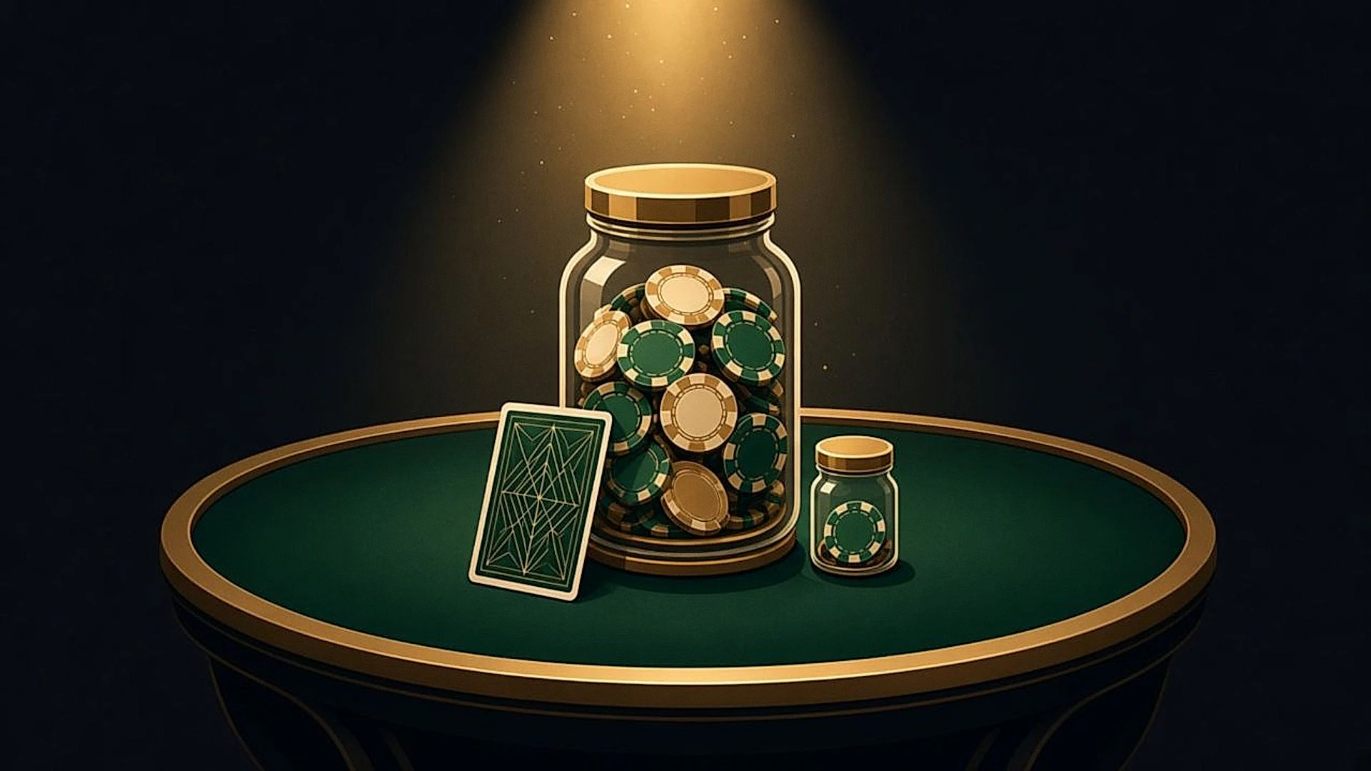 A large jar of chips for the prize pool next to a tiny jar for the tournament fee