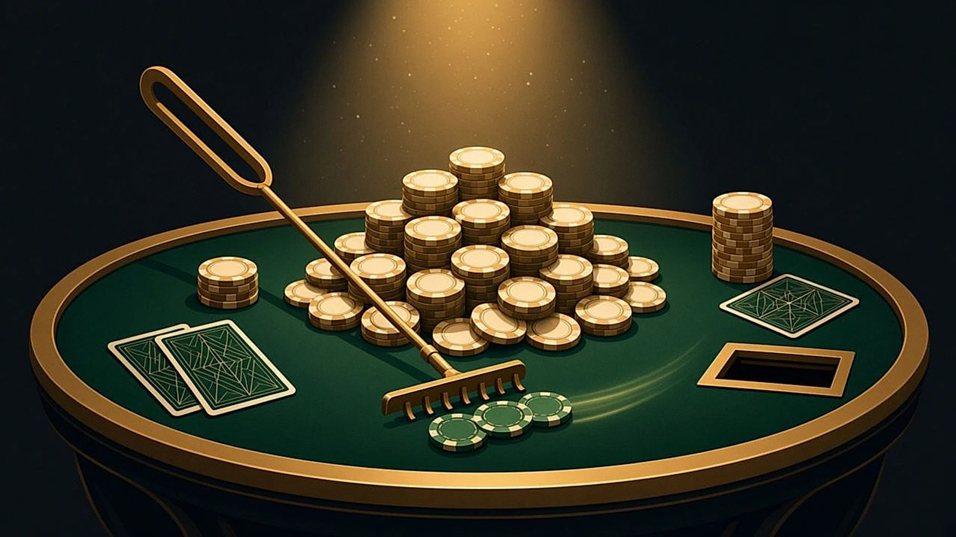 A dealer rake sweeping three green chips out of the pot toward the table slot before the winner is paid