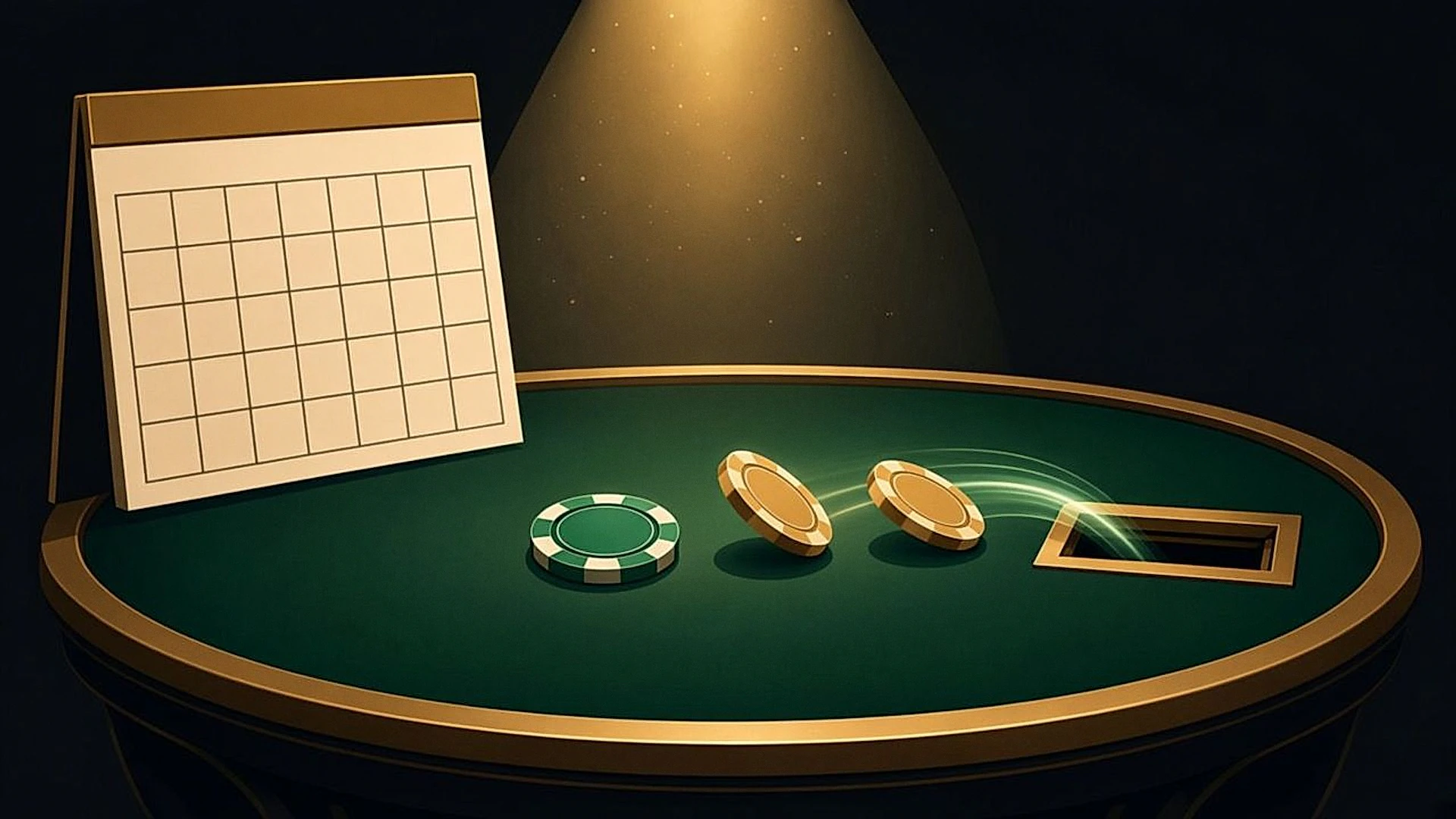 A monthly calendar beside three chips, one staying with the player and two sliding into the rake slot