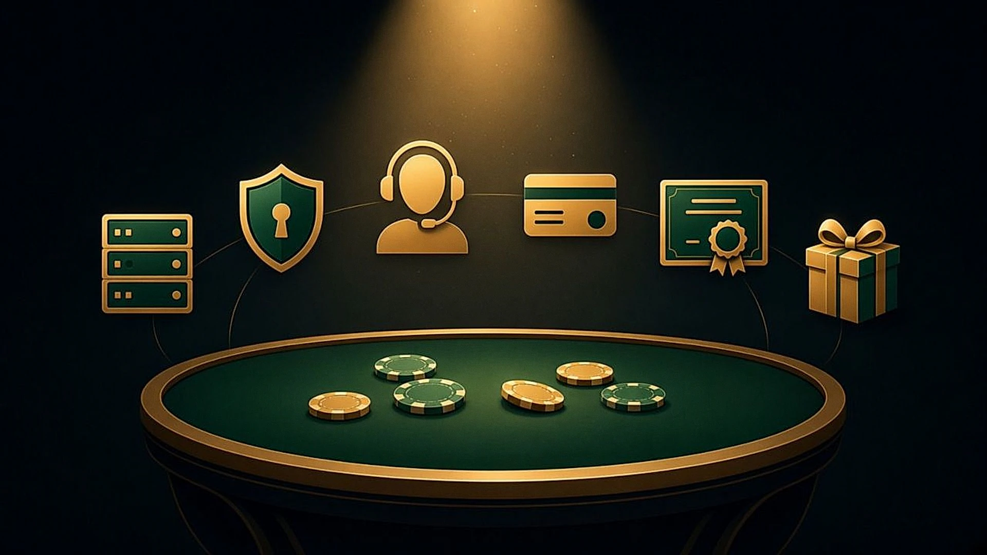 Icons for servers, security, support, payments, licences and promotions arching over a poker table