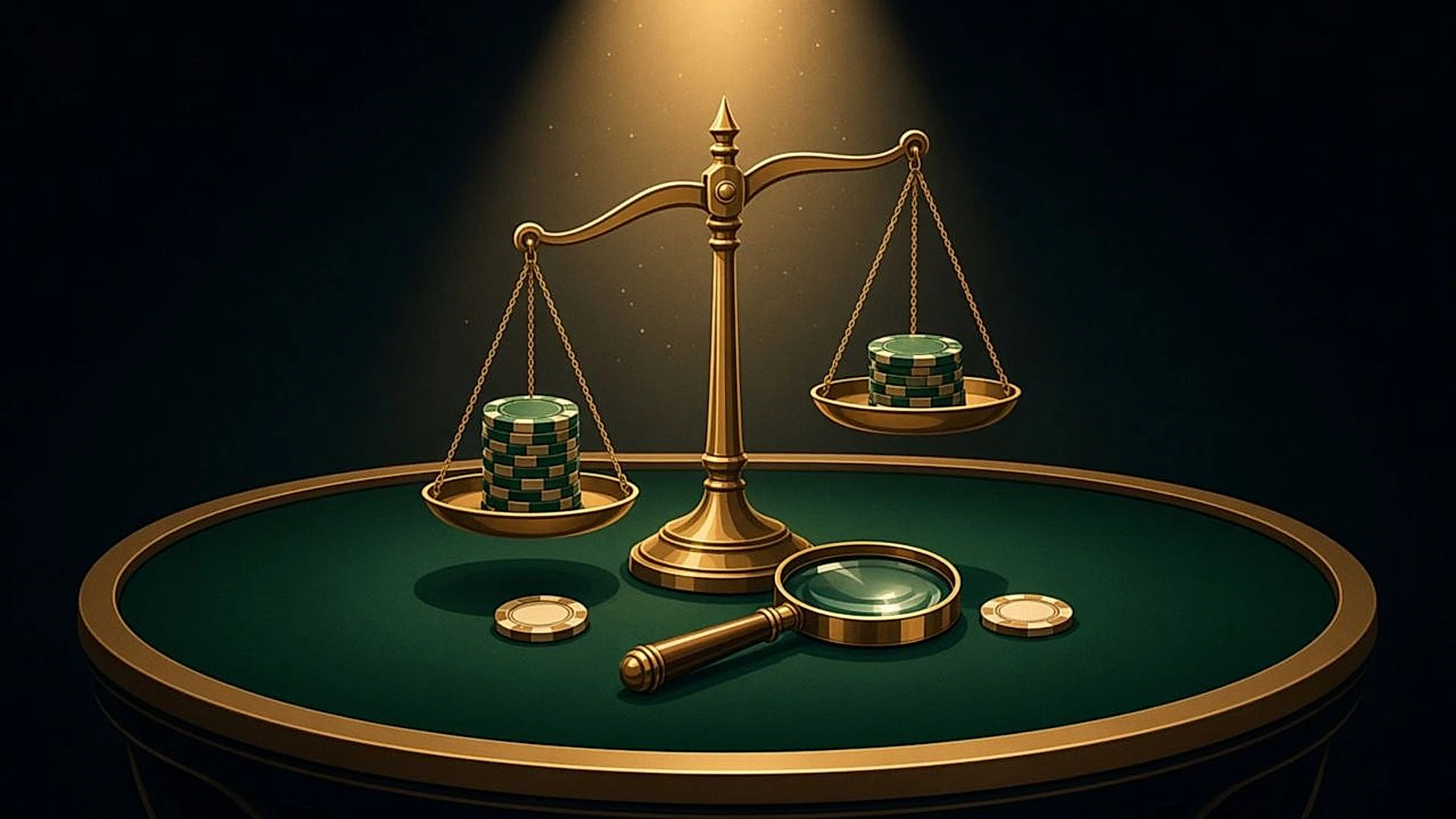 A brass balance scale weighing two chip stacks next to a magnifying glass on a poker table