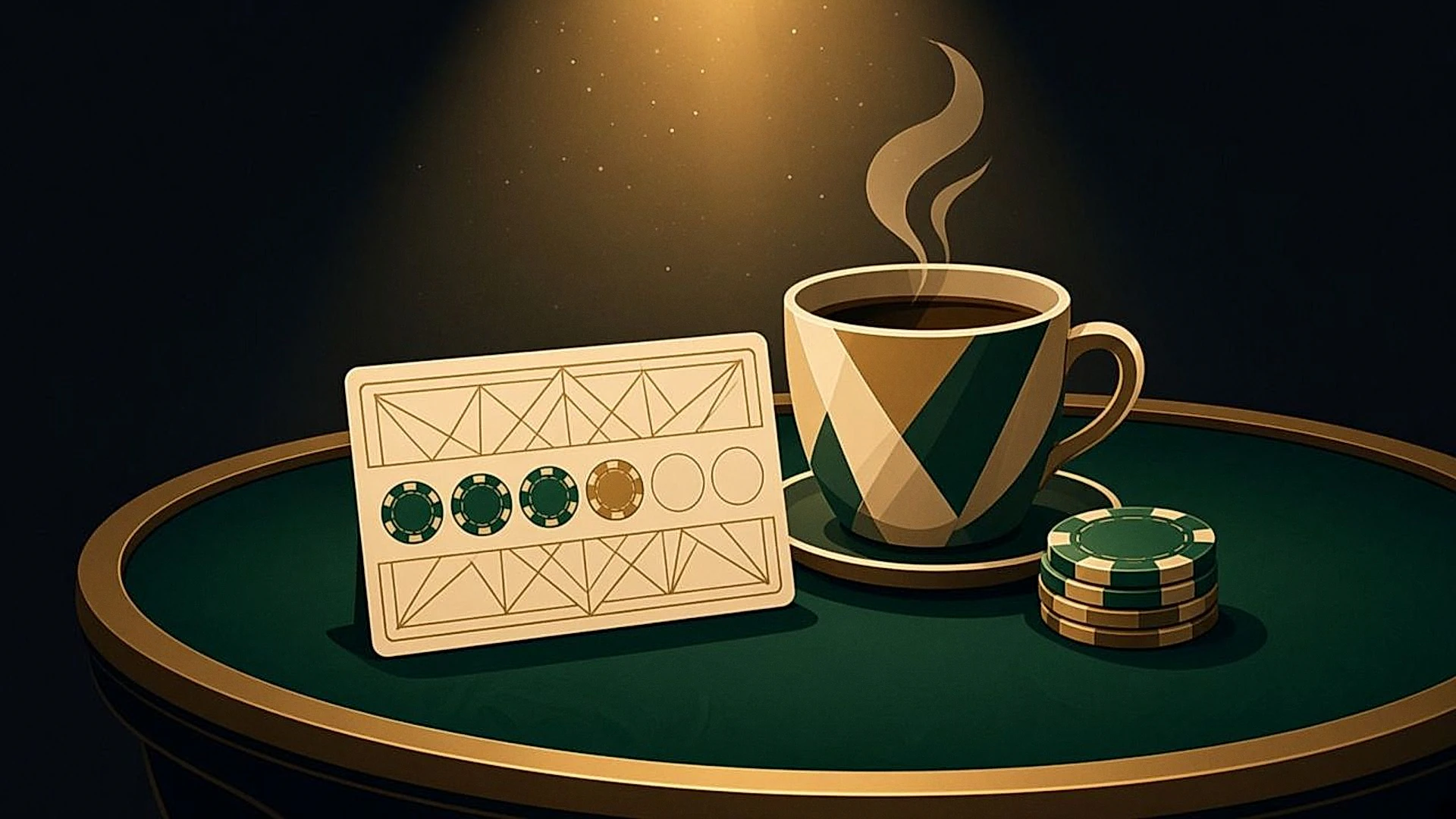 A coffee cup beside a loyalty punch card whose stamps are poker chips, next to a small stack of green chips