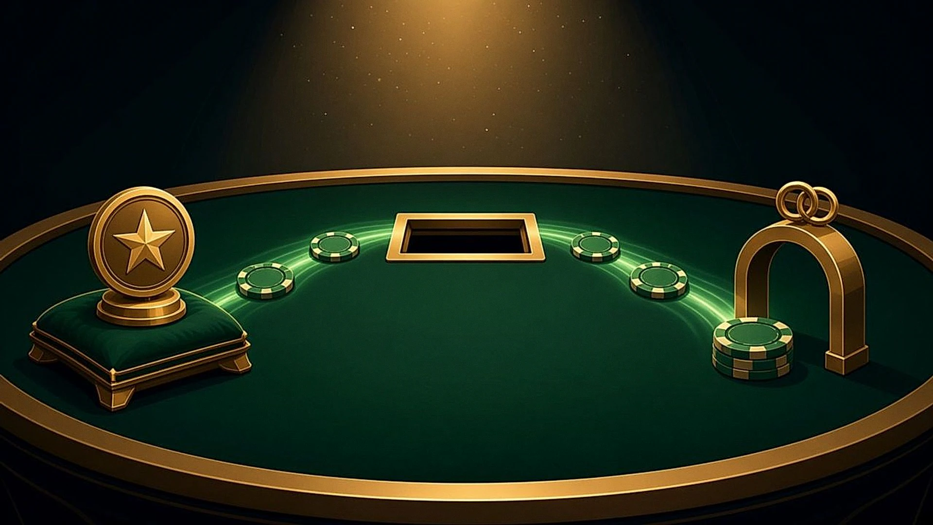 Green chips flowing from the rake slot in two directions: to a VIP star medal for the room programme and through a partner arch to the player