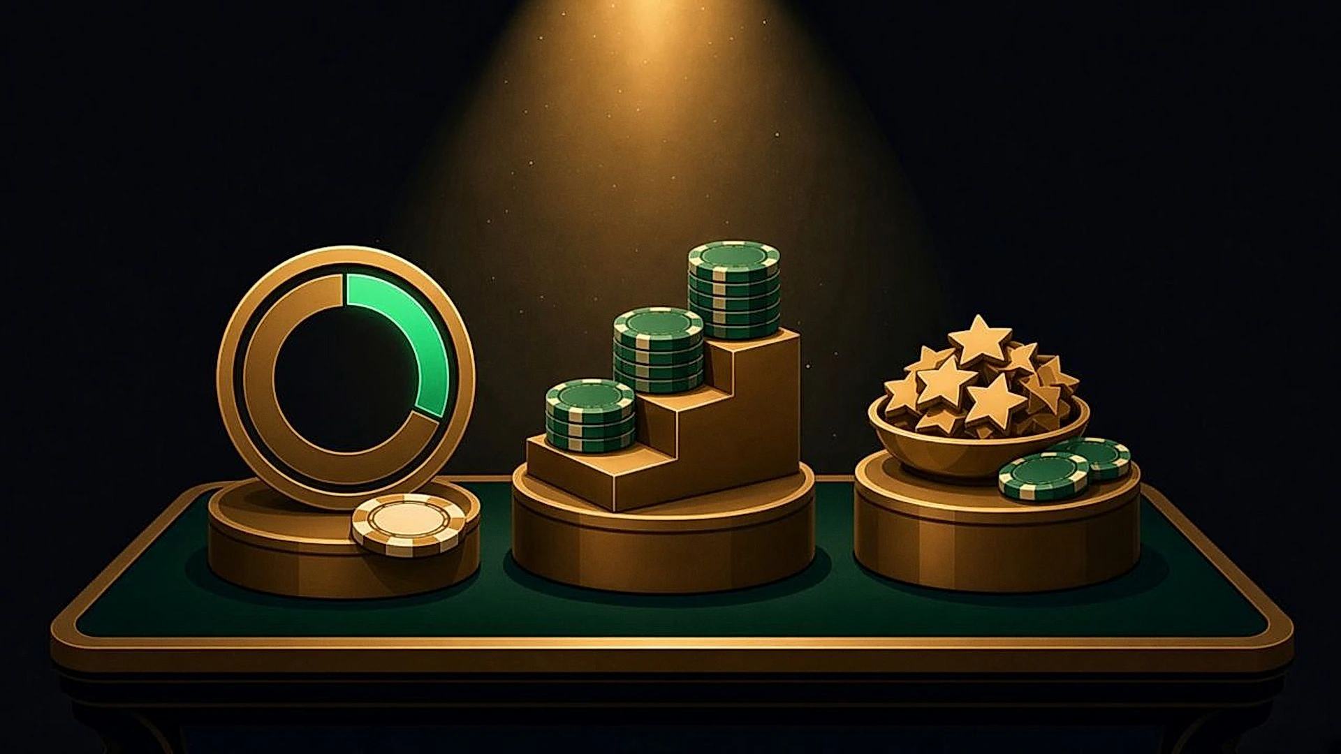 Three pedestals showing the rakeback models: a percentage ring for flat, a staircase of chip stacks for tiered, and a bowl of star points