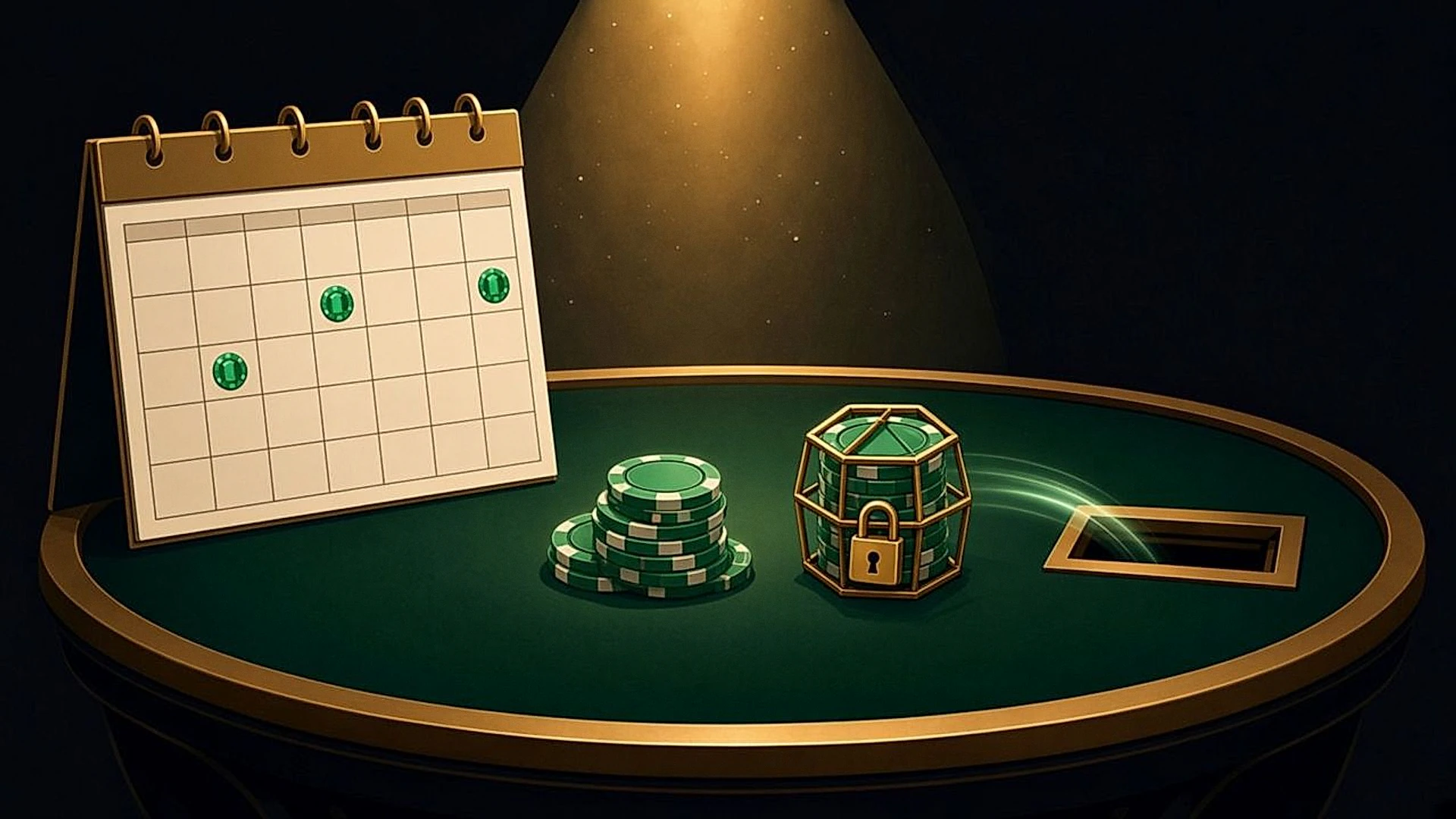 A calendar with highlighted payout days beside an open stack of green chips for cash and a stack in a brass cage for tournament tickets, usable only in tournaments