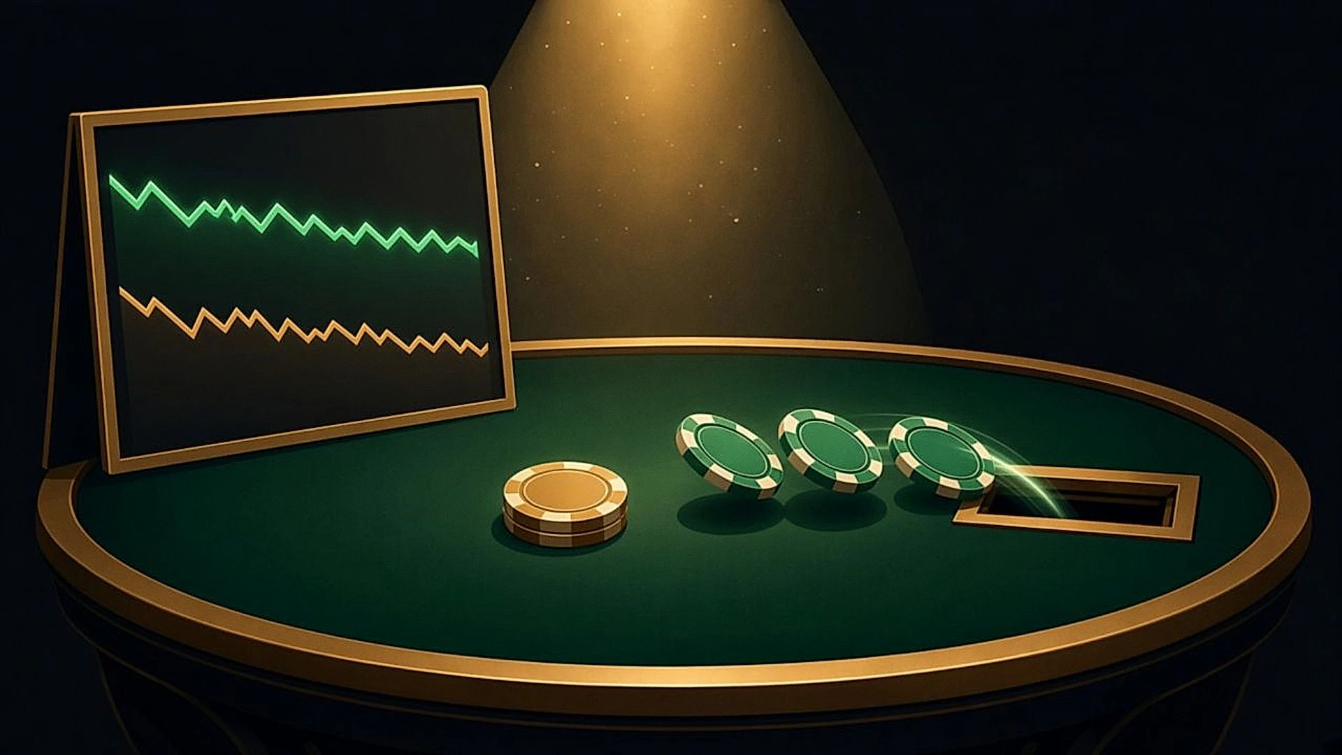 A results graph with a green rakeback line above a gold results line, both with the same ups and downs, and chips returning from the rake slot