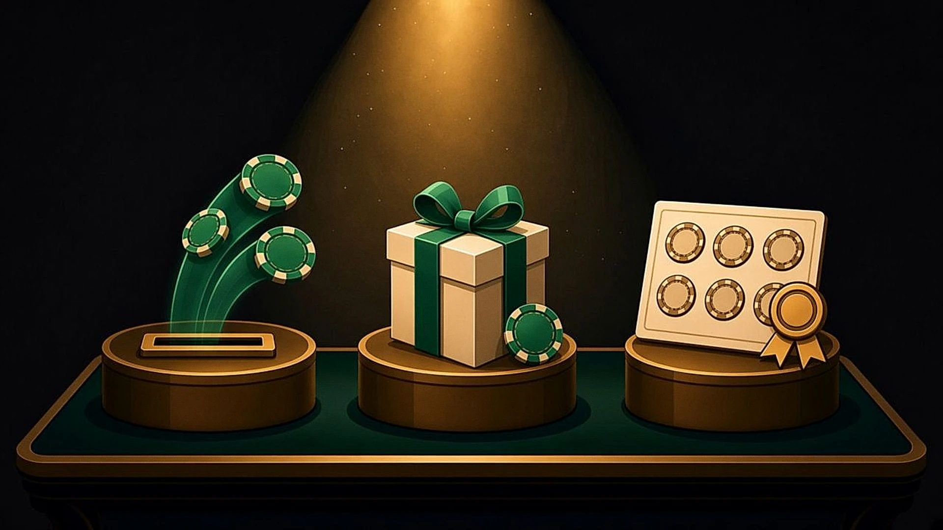Three objects side by side: chips returning from the rake slot, a deposit bonus gift box and a loyalty punch card with a medal