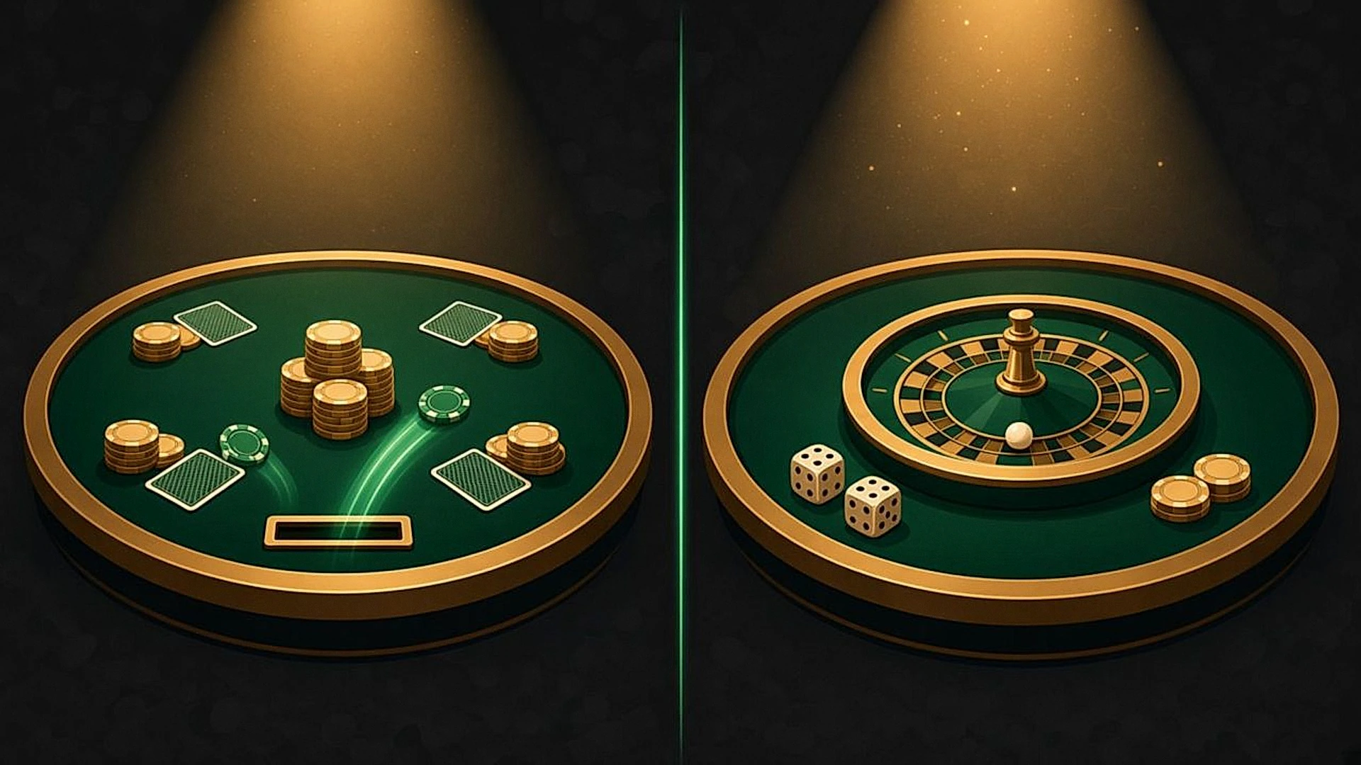 A poker table with chips returning from the rake slot next to a roulette table, showing player-versus-player and house-based rakeback
