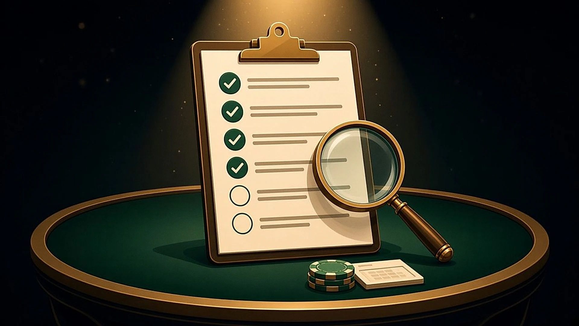 A checklist on a clipboard with a magnifying glass, showing the questions to ask before claiming a rakeback offer